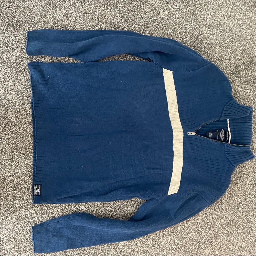 Blue Half-Zip Sweater with White Stripe